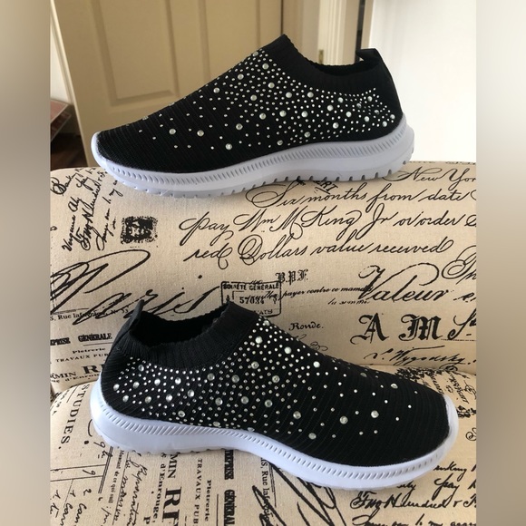 Sock Shoe; Rhinestone Embellishments; Slip-On; Low Top Design; Black - Picture 2 of 8